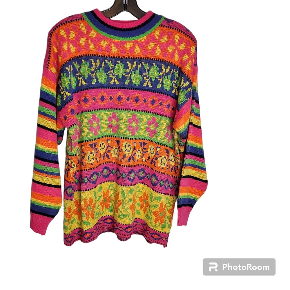 Vintage 80s Interim knit sweater bright neon rainbow colors multi pattern floral